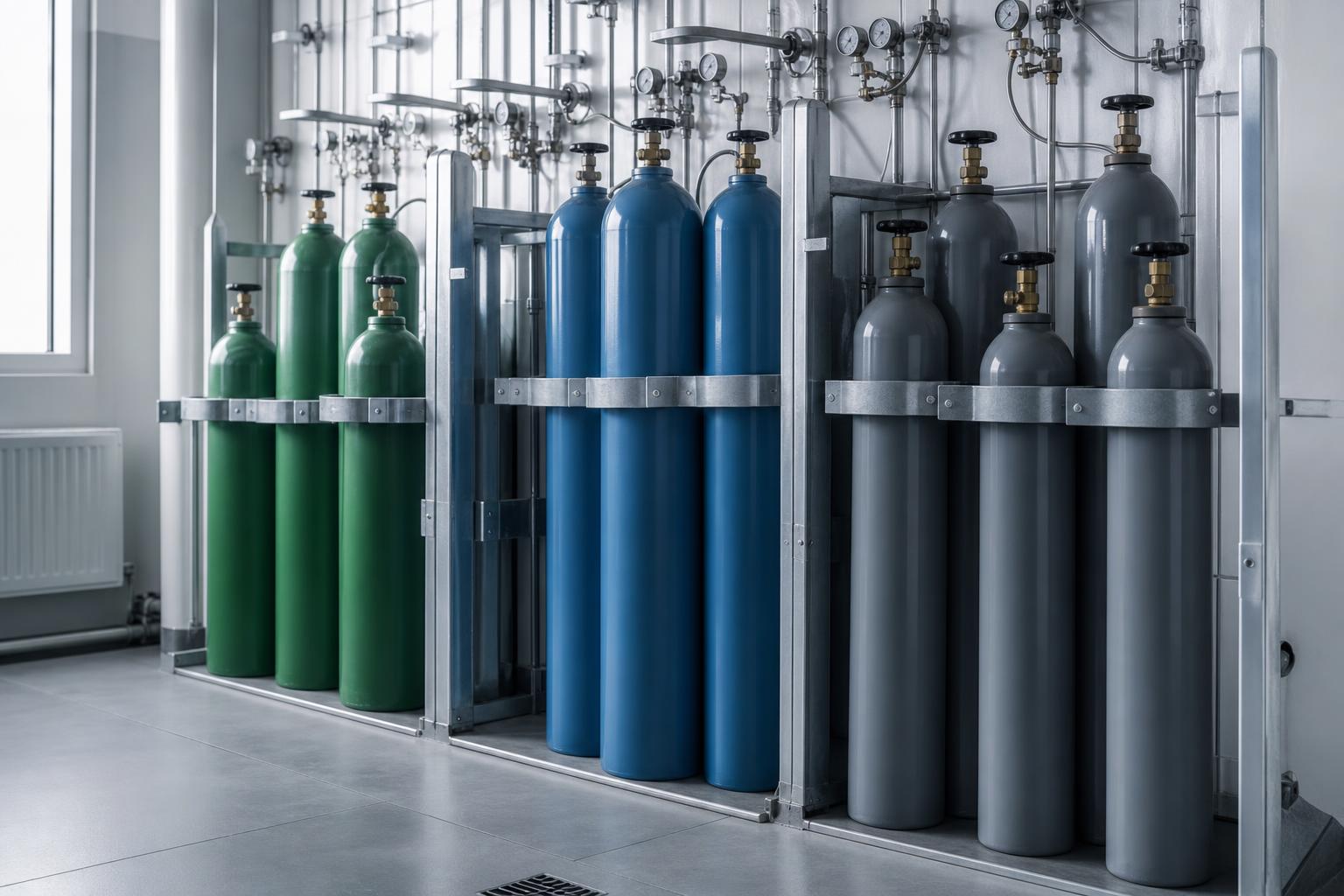 Баллоны с медицинскими газами разного типа в хранилище больницы