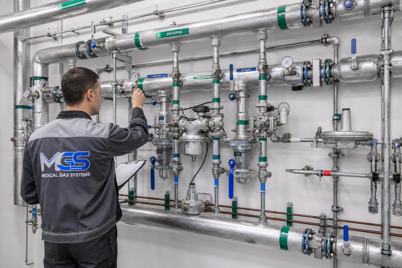 Трубопроводы и клапаны системы медицинских газов в техническом помещении больницы