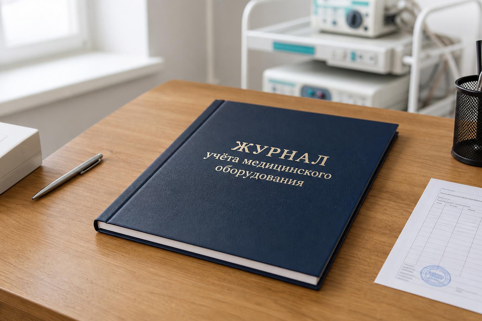 Журнал учёта медицинского оборудования на столе в кабинете