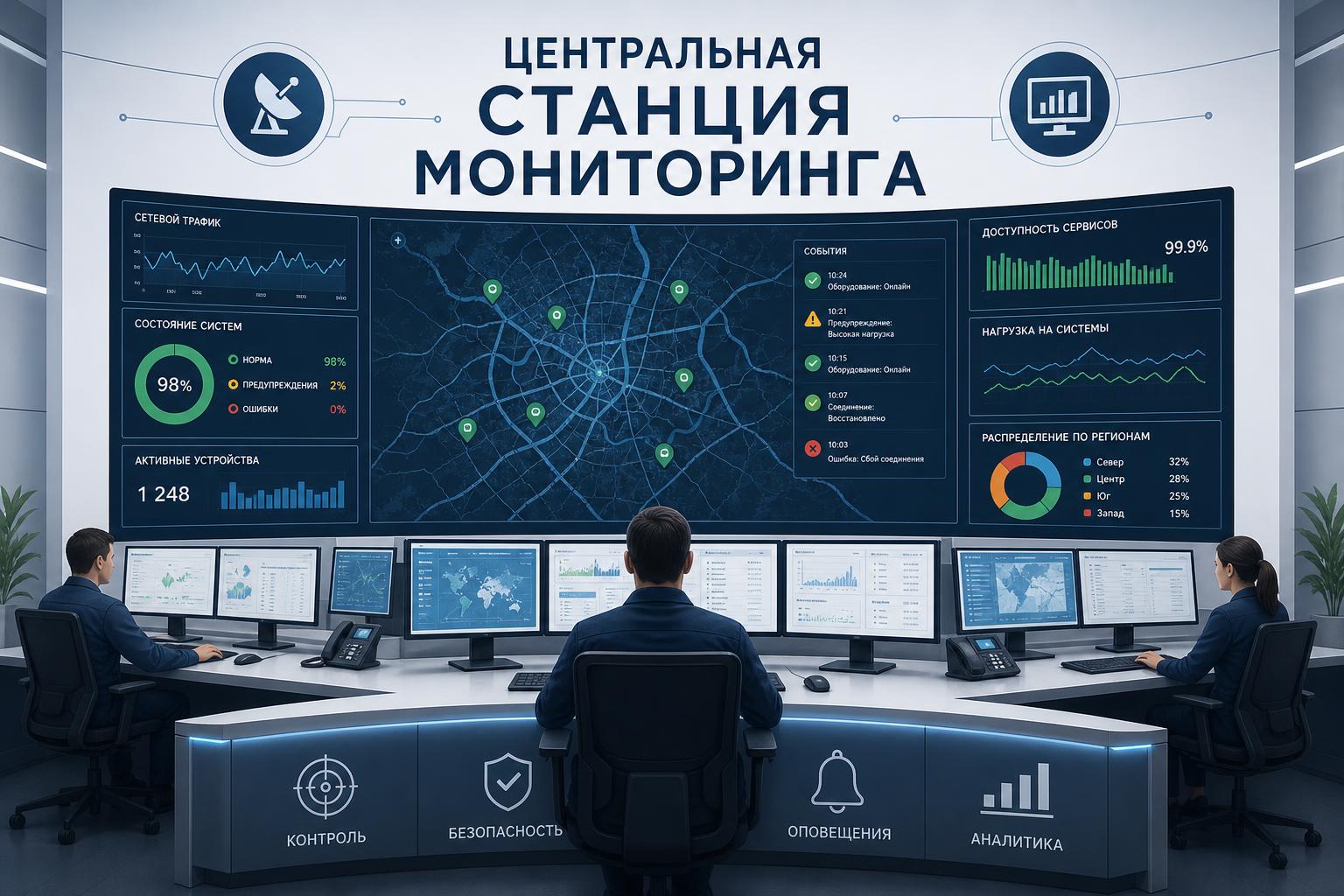 Центральная станция мониторинга с подключенными устройствами